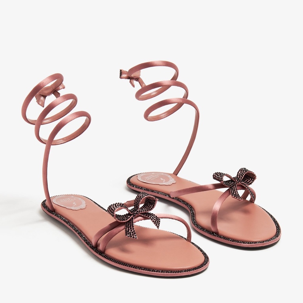NWT Authentic Crystal Embellished Satin Nude Pink Sandals with Bow Detail